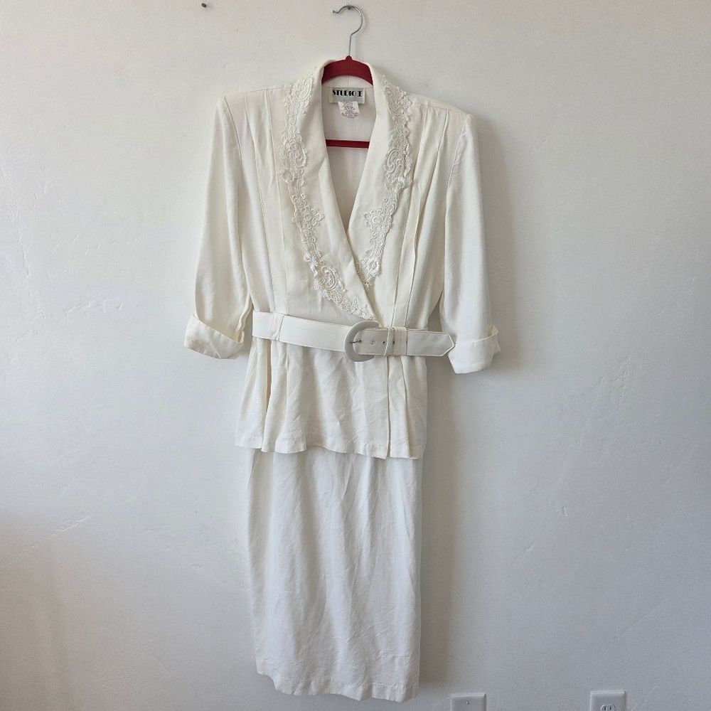 Vintage Studio I Suit Dress Cream Ivory 70s 80s Grandma Belt Classy Elegant 14